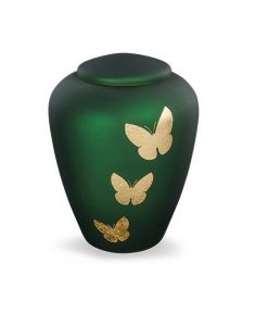 Urne funéraire en verre avec papillons verts - symbole de transformation et de liberté