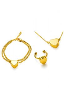 Parure de bijoux funéraires en acier inoxydable doré avec cœur - bracelet, bague & collier